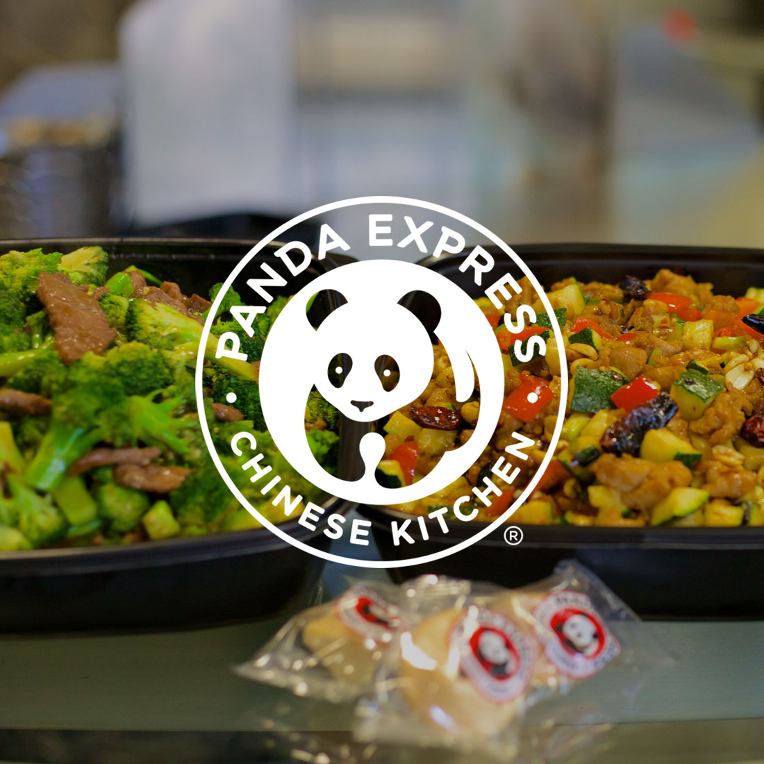 Panda express logo over delicious food