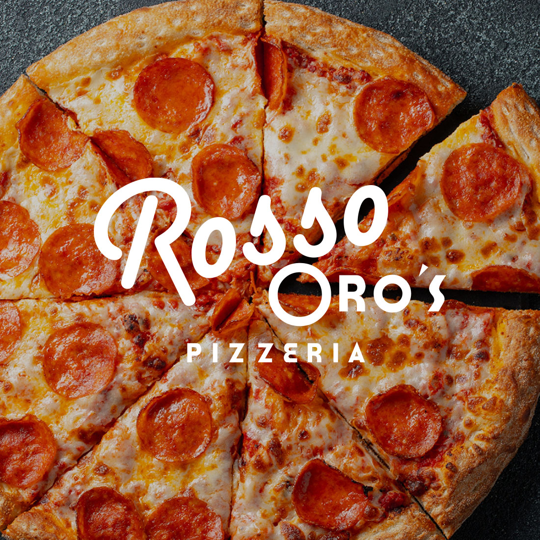 Rosso Oros logo over pizza